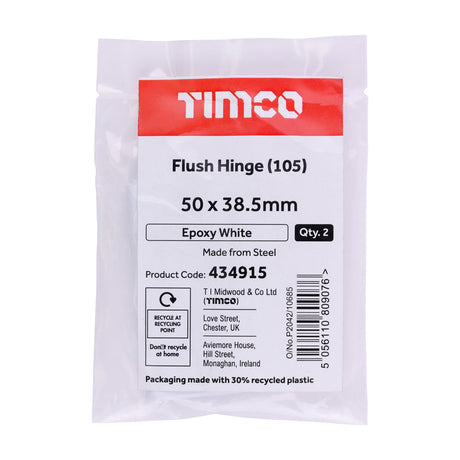 This is an image of Timco - Flush Hinge (105) - White 50 x 38.5 (1 Pairs Plain Bag) 434915