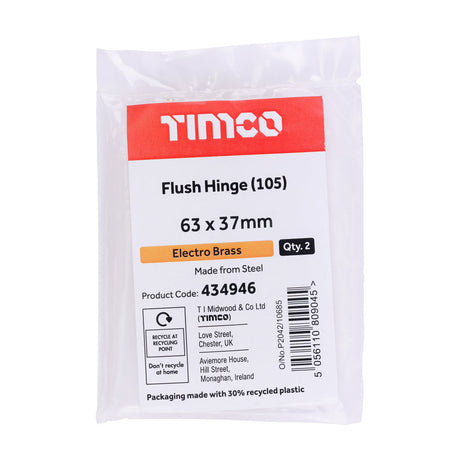 This is an image of Timco - Flush Hinge (105) - Electro Brass 63 x 37 (1 Pairs Plain Bag) 434946