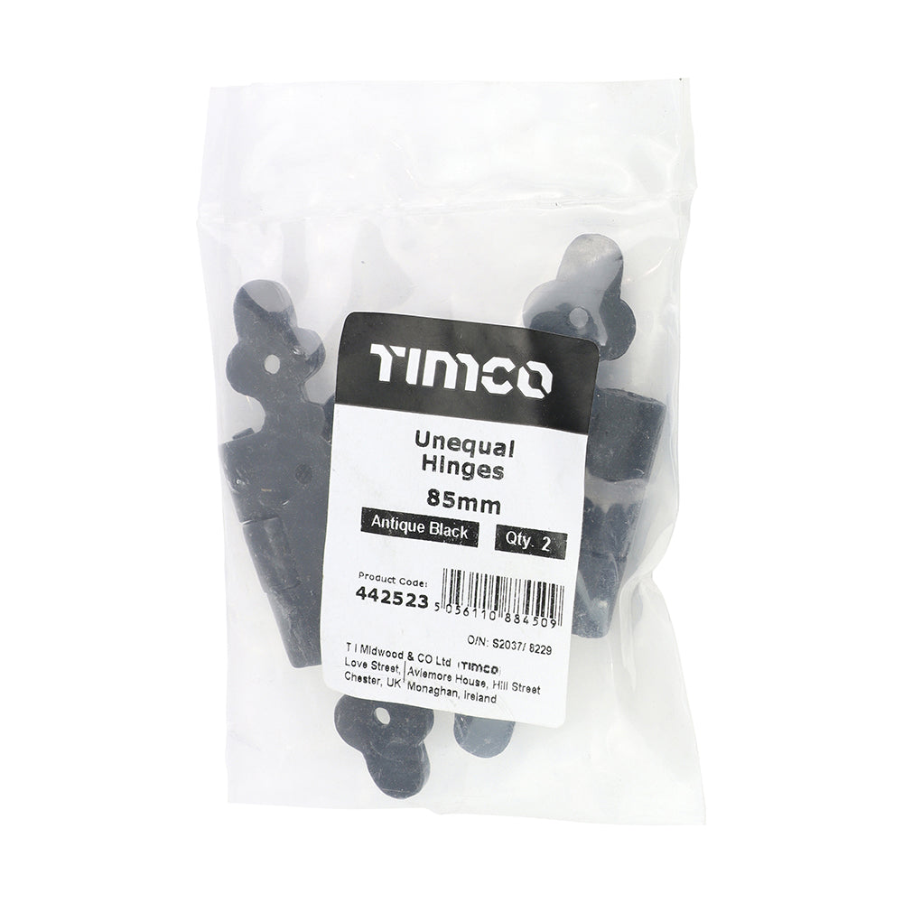 This is an image of Timco - Pair of Unequal Hinges - Antique Black 85mm (1 Pairs Bag) 442523