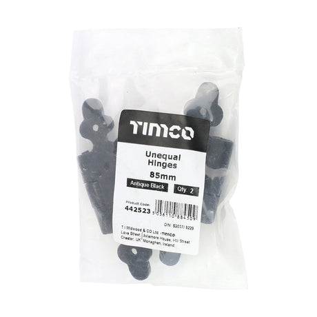 This is an image of Timco - Pair of Unequal Hinges - Antique Black 85mm (1 Pairs Bag) 442523