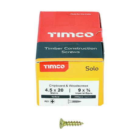 This is an image of Timco - Solo Chipboard & Woodscrews - PZ - Double Countersunk - Yellow 4.5 x 20mm - (200 PCS Box) 45020SOLOC