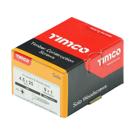This is an image of Timco - Solo Chipboard & Woodscrews - PZ - Double Countersunk - Zinc 4.5 x 25mm - (200 PCS Box) 45025SOLOZ