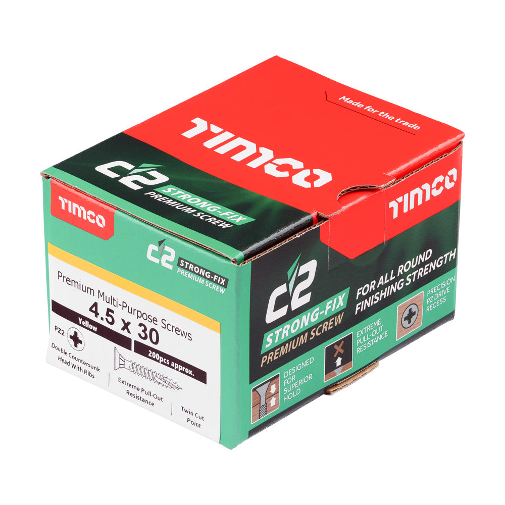 This is an image of Timco - C2 Strong-Fix Screws - PZ - Double Countersunk - Twin-Cut - Yellow 4.5 x 30mm - (200 PCS Box) 45030C2