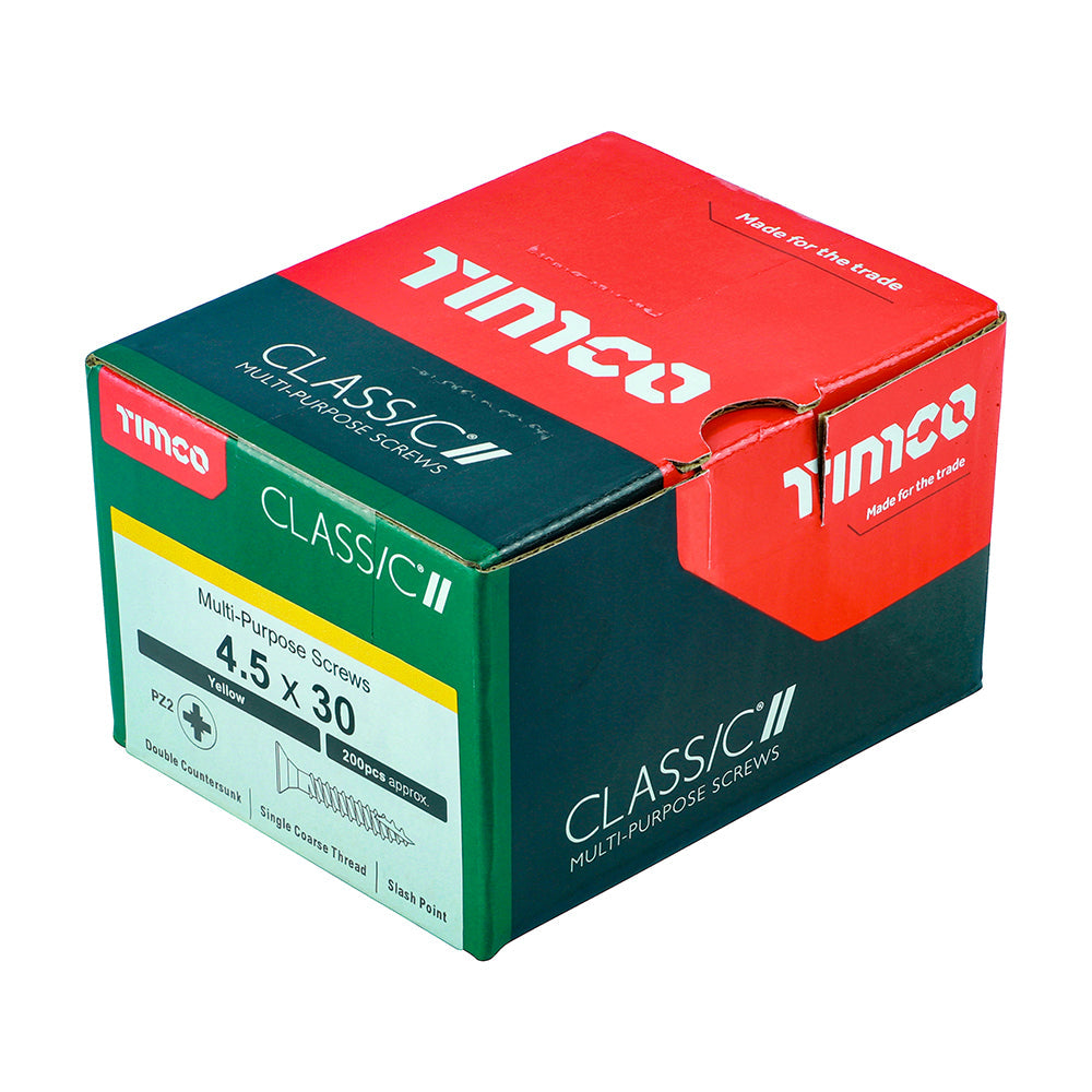 This is an image of Timco - Classic Multi-Purpose Screws - PZ - Double Countersunk - Yellow 4.5 x 30mm - (200 PCS Box) 45030CLAF