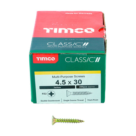 This is an image of Timco - Classic Multi-Purpose Screws - PZ - Double Countersunk - Yellow 4.5 x 30mm - (200 PCS Box) 45030CLAF