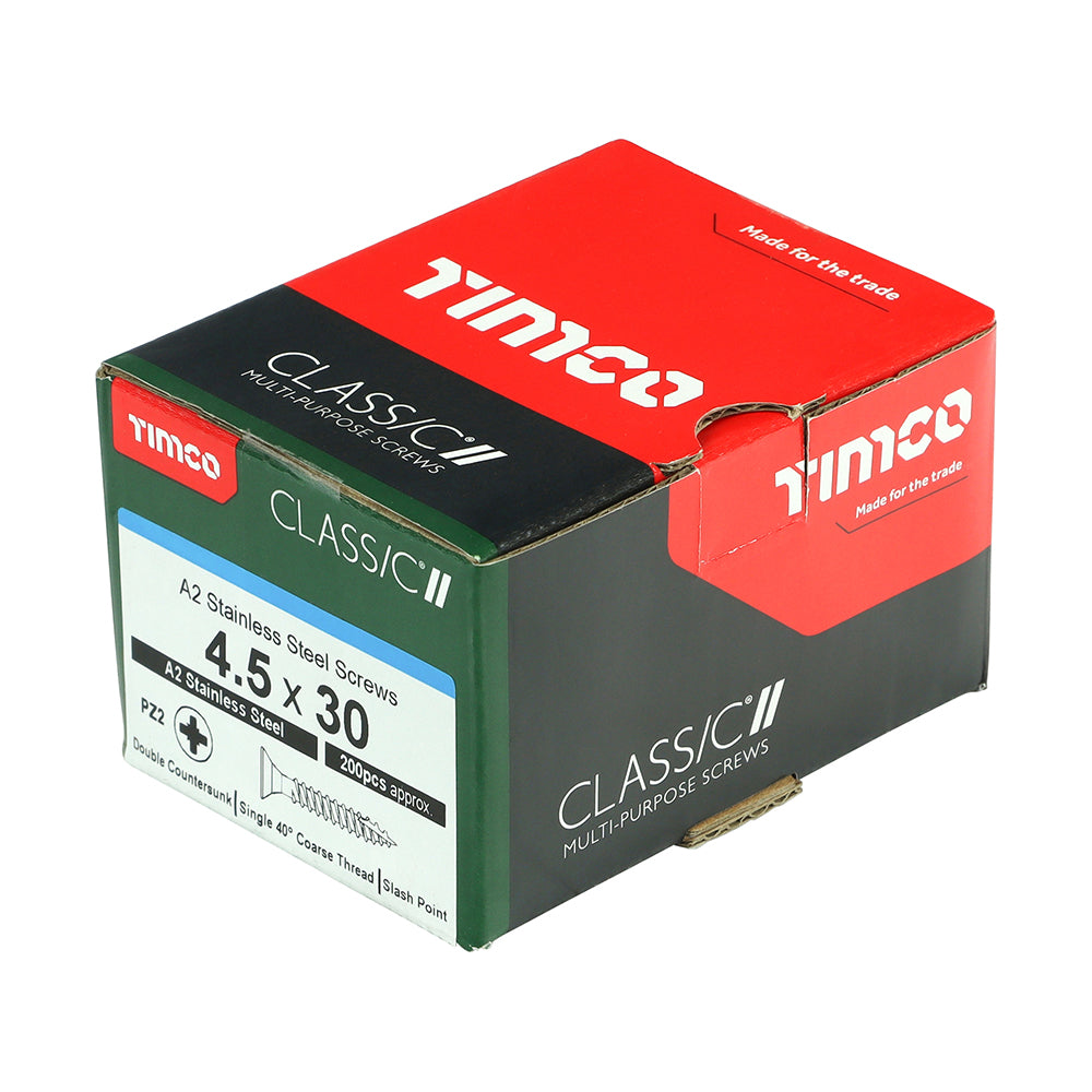 This is an image of Timco - Classic Multi-Purpose Screws - PZ - Double Countersunk - A2 Stainless Steel 4.5 x 30mm - (200 PCS Box) 45030CLASS
