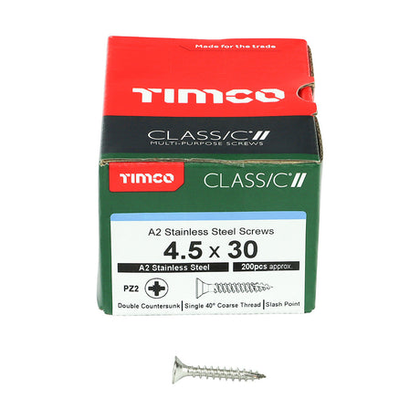 This is an image of Timco - Classic Multi-Purpose Screws - PZ - Double Countersunk - A2 Stainless Steel 4.5 x 30mm - (200 PCS Box) 45030CLASS