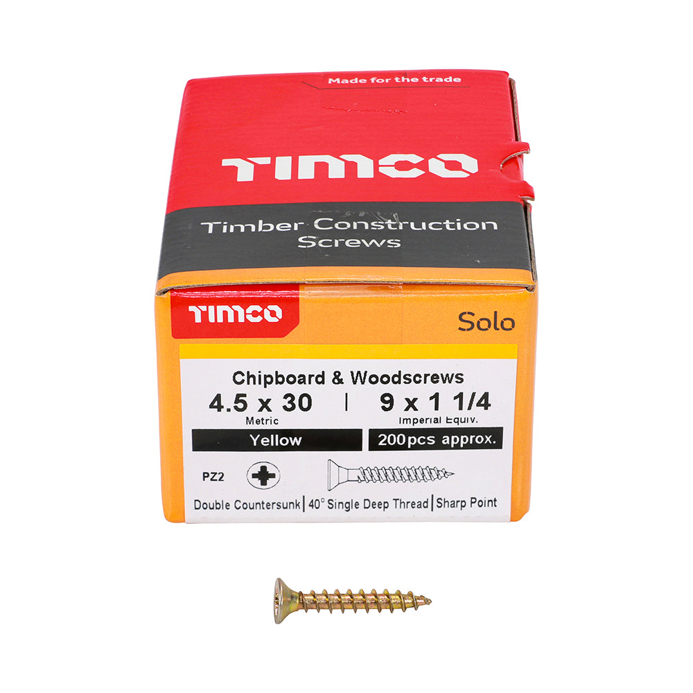 This is an image of Timco - Solo Chipboard & Woodscrews - PZ - Double Countersunk - Yellow 4.5 x 30mm - (200 PCS Box) 45030SOLOC