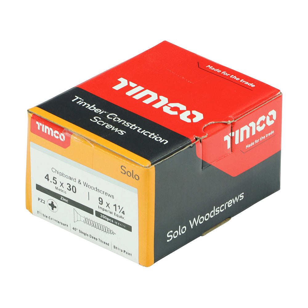 This is an image of Timco - Solo Chipboard & Woodscrews - PZ - Double Countersunk - Zinc 4.5 x 30mm - (200 PCS Box) 45030SOLOZ