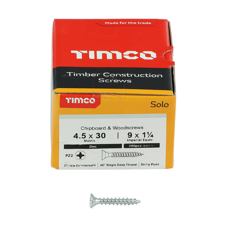 This is an image of Timco - Solo Chipboard & Woodscrews - PZ - Double Countersunk - Zinc 4.5 x 30mm - (200 PCS Box) 45030SOLOZ