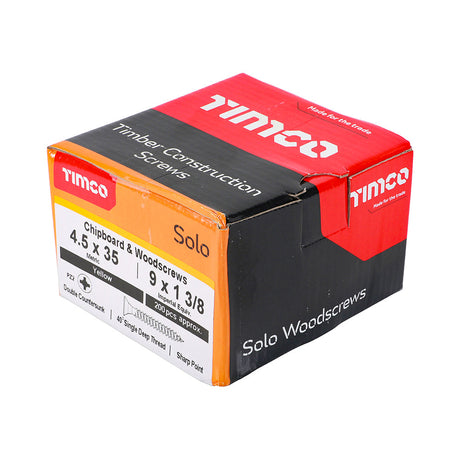 This is an image of Timco - Solo Chipboard & Woodscrews - PZ - Double Countersunk - Yellow 4.5 x 35mm - (200 PCS Box) 45035SOLOC