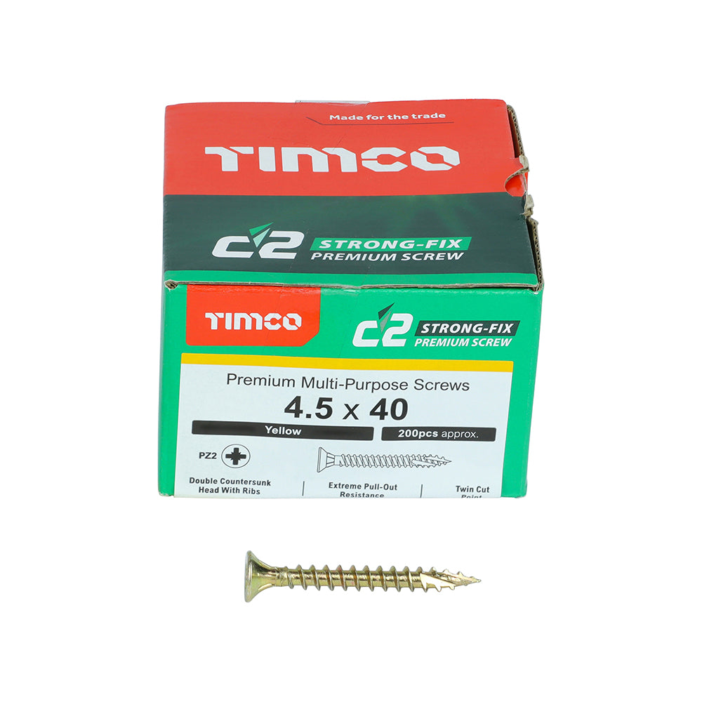 This is an image of Timco - C2 Strong-Fix Screws - PZ - Double Countersunk - Twin-Cut - Yellow 4.5 x 40mm - (200 PCS Box) 45040C2