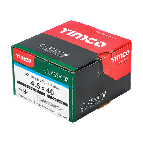 This is an image of Timco - Classic Multi-Purpose Screws - PZ - Double Countersunk - A2 Stainless Steel 4.5 x 40mm - (200 PCS Box) 45040CLASS