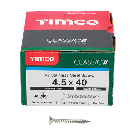 This is an image of Timco - Classic Multi-Purpose Screws - PZ - Double Countersunk - A2 Stainless Steel 4.5 x 40mm - (200 PCS Box) 45040CLASS