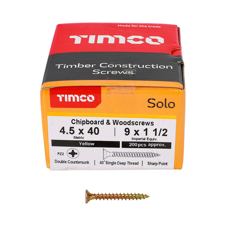 This is an image of Timco - Solo Chipboard & Woodscrews - PZ - Double Countersunk - Yellow 4.5 x 40mm - (200 PCS Box) 45040SOLOC