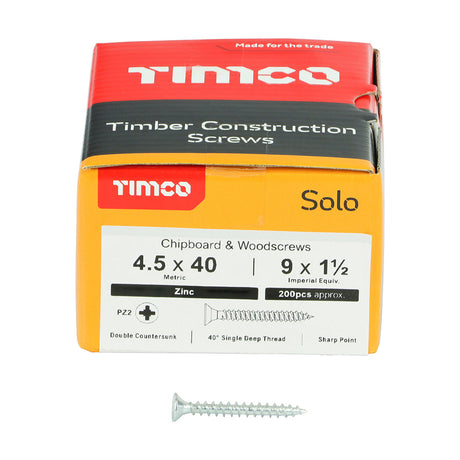 This is an image of Timco - Solo Chipboard & Woodscrews - PZ - Double Countersunk - Zinc 4.5 x 40mm - (200 PCS Box) 45040SOLOZ