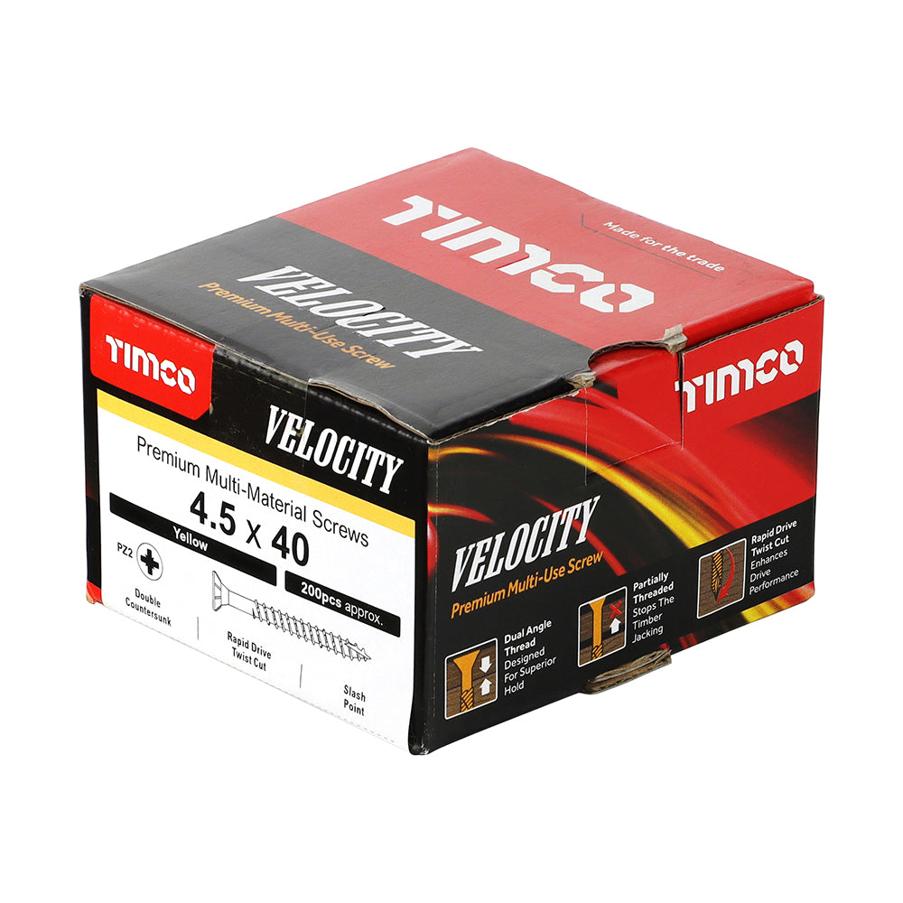 This is an image of Timco - Velocity Premium Multi-Use Screws - PZ - Double Countersunk - Yellow 4.5 x 40mm - (200 PCS Box) 45040VY