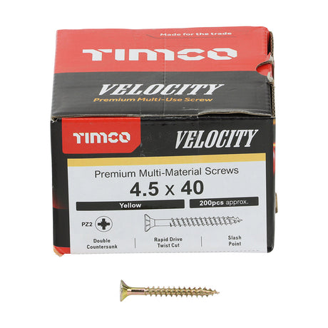 This is an image of Timco - Velocity Premium Multi-Use Screws - PZ - Double Countersunk - Yellow 4.5 x 40mm - (200 PCS Box) 45040VY