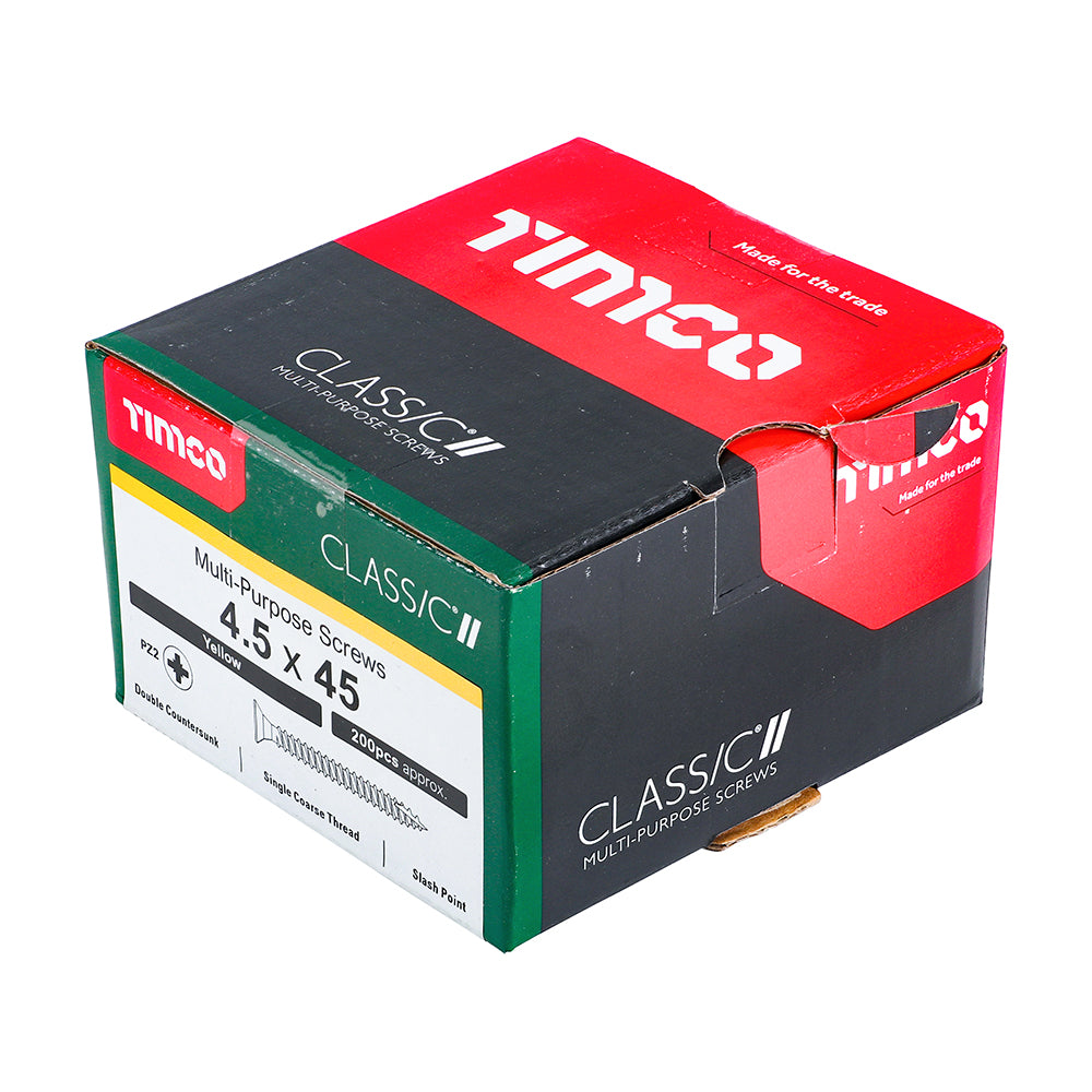 This is an image of Timco - Classic Multi-Purpose Screws - PZ - Double Countersunk - Yellow 4.5 x 45mm - (200 PCS Box) 45045CLAF
