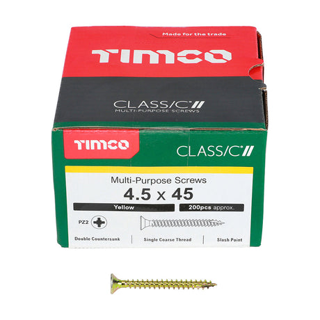 This is an image of Timco - Classic Multi-Purpose Screws - PZ - Double Countersunk - Yellow 4.5 x 45mm - (200 PCS Box) 45045CLAF