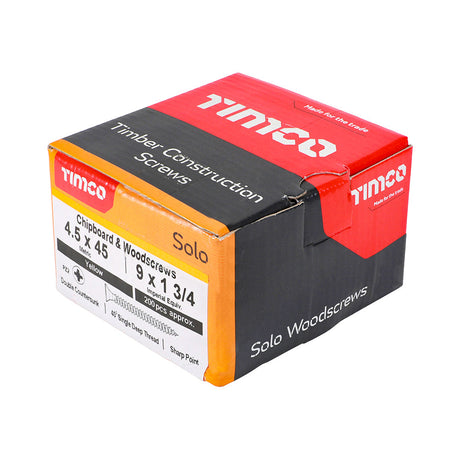 This is an image of Timco - Solo Chipboard & Woodscrews - PZ - Double Countersunk - Yellow 4.5 x 45mm - (200 PCS Box) 45045SOLOC