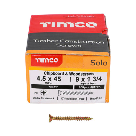 This is an image of Timco - Solo Chipboard & Woodscrews - PZ - Double Countersunk - Yellow 4.5 x 45mm - (200 PCS Box) 45045SOLOC