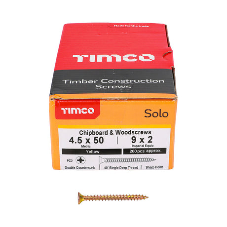 This is an image of Timco - Solo Chipboard & Woodscrews - PZ - Double Countersunk - Yellow 4.5 x 50mm - (200 PCS Box) 45050SOLOC