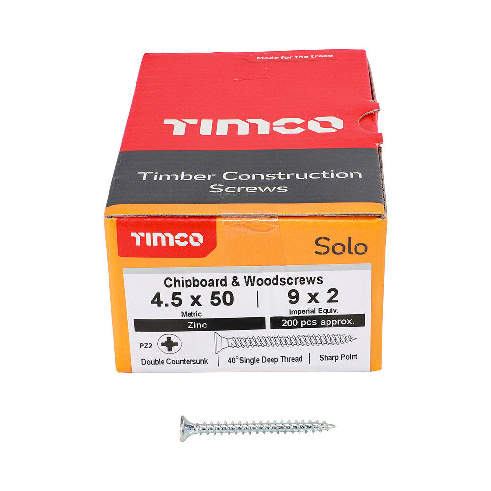 This is an image of Timco - Solo Chipboard & Woodscrews - PZ - Double Countersunk - Zinc 4.5 x 50mm - (200 PCS Box) 45050SOLOZ