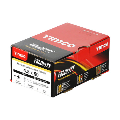 This is an image of Timco - Velocity Premium Multi-Use Screws - PZ - Double Countersunk - Yellow 4.5 x 50mm - (200 PCS Box) 45050VY