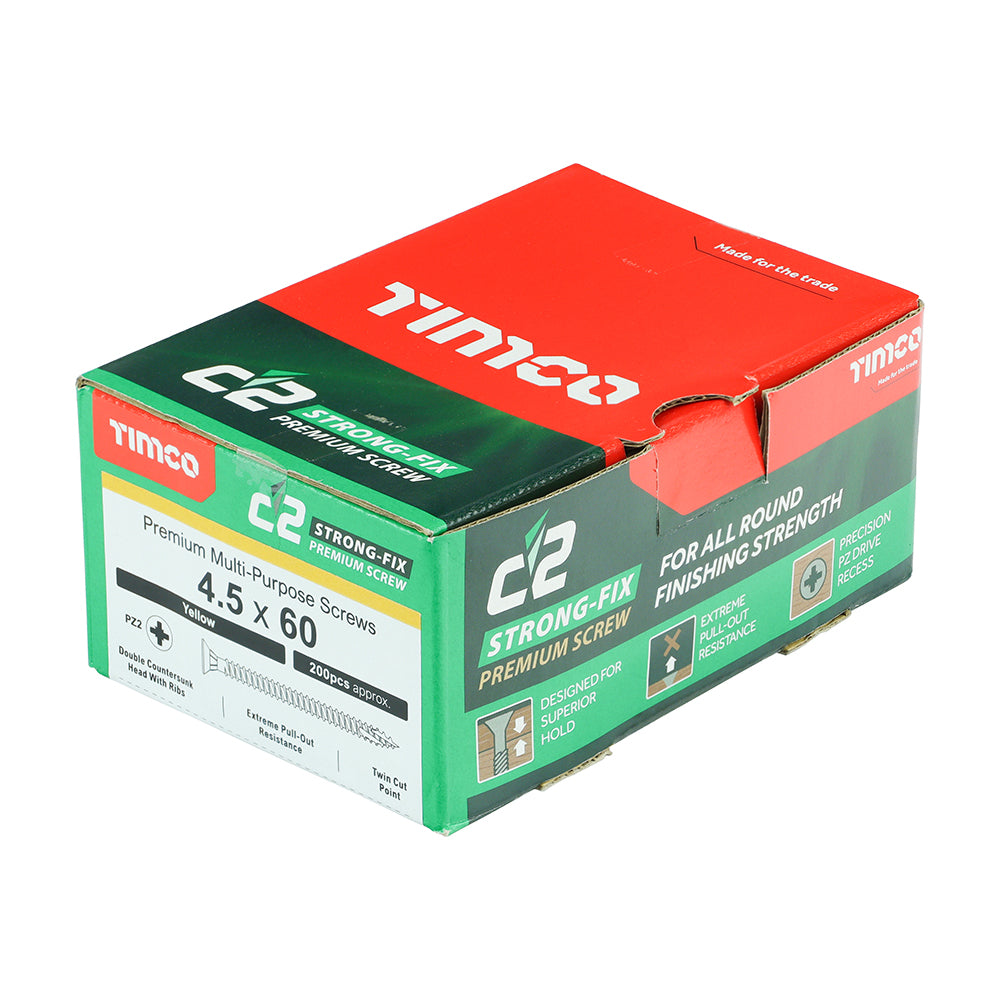 This is an image of Timco - C2 Strong-Fix Screws - PZ - Double Countersunk - Twin-Cut - Yellow 4.5 x 60mm - (200 PCS Box) 45060C2