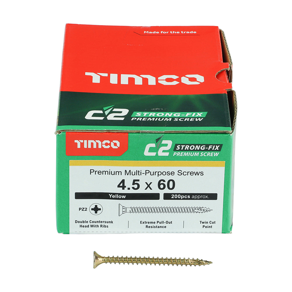 This is an image of Timco - C2 Strong-Fix Screws - PZ - Double Countersunk - Twin-Cut - Yellow 4.5 x 60mm - (200 PCS Box) 45060C2