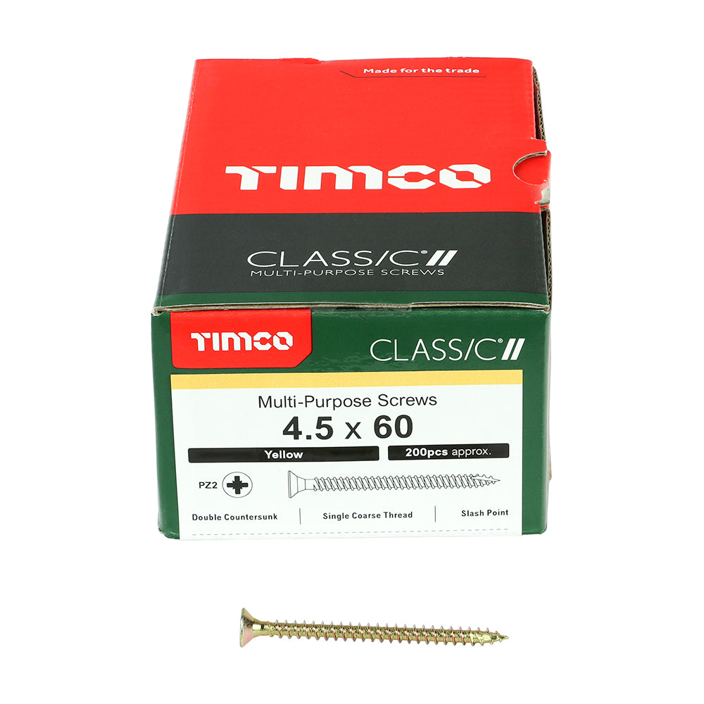 This is an image of Timco - Classic Multi-Purpose Screws - PZ - Double Countersunk - Yellow 4.5 x 60mm - (200 PCS Box) 45060CLAF