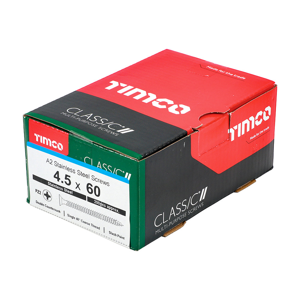 This is an image of Timco - Classic Multi-Purpose Screws - PZ - Double Countersunk - A2 Stainless Steel 4.5 x 60mm - (200 PCS Box) 45060CLASS