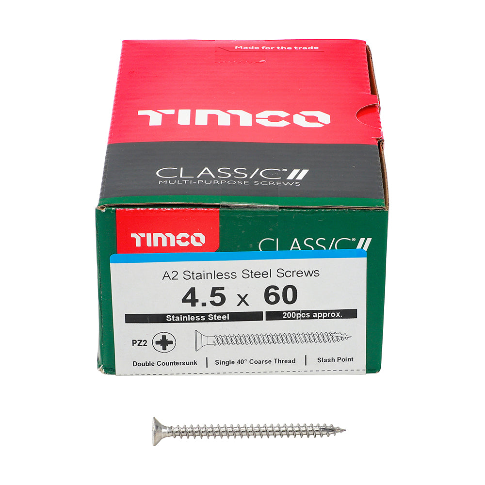 This is an image of Timco - Classic Multi-Purpose Screws - PZ - Double Countersunk - A2 Stainless Steel 4.5 x 60mm - (200 PCS Box) 45060CLASS
