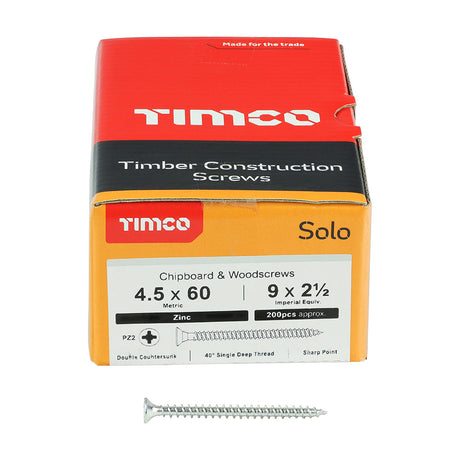 This is an image of Timco - Solo Chipboard & Woodscrews - PZ - Double Countersunk - Zinc 4.5 x 60mm - (200 PCS Box) 45060SOLOZ