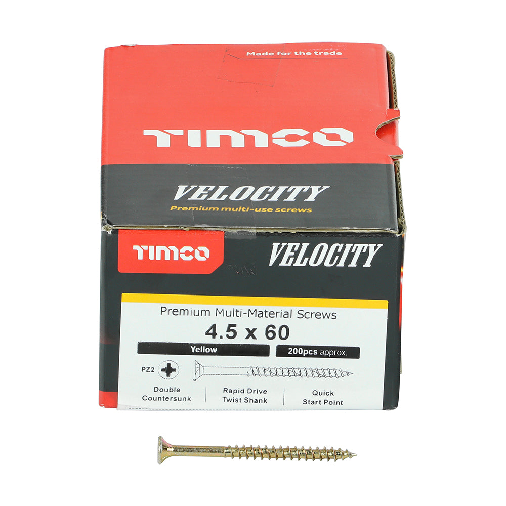 This is an image of Timco - Velocity Premium Multi-Use Screws - PZ - Double Countersunk - Yellow 4.5 x 60mm - (200 PCS Box) 45060VY