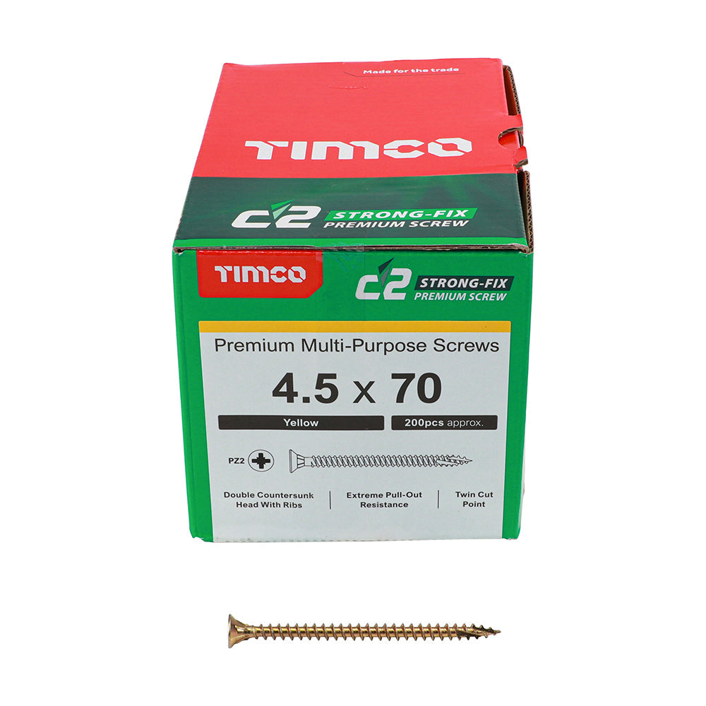 This is an image of Timco - C2 Strong-Fix Screws - PZ - Double Countersunk - Twin-Cut - Yellow 4.5 x 70mm - (200 PCS Box) 45070C2