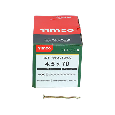 This is an image of Timco - Classic Multi-Purpose Screws - PZ - Double Countersunk - Yellow 4.5 x 70mm - (200 PCS Box) 45070CLAF