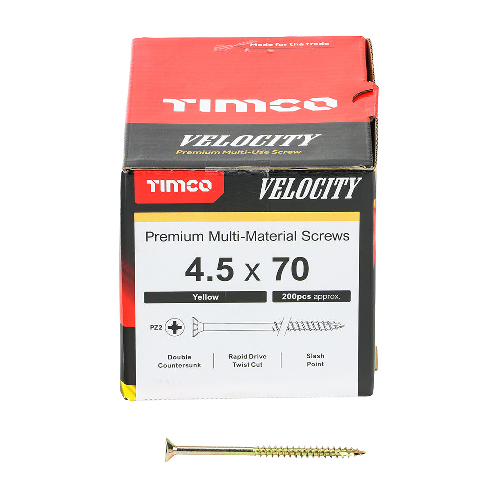 This is an image of Timco - Velocity Premium Multi-Use Screws - PZ - Double Countersunk - Yellow 4.5 x 70mm - (200 PCS Box) 45070VY