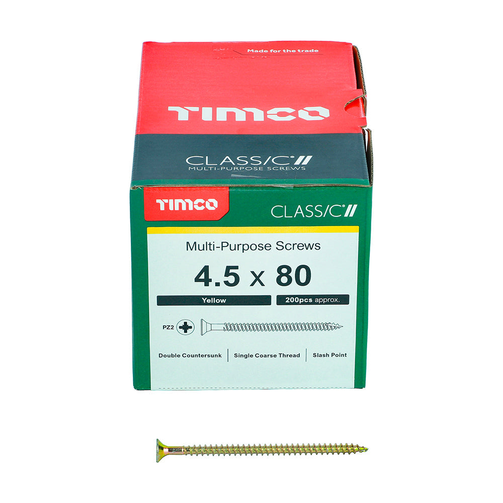 This is an image of Timco - Classic Multi-Purpose Screws - PZ - Double Countersunk - Yellow 4.5 x 80mm - (200 PCS Box) 45080CLAF