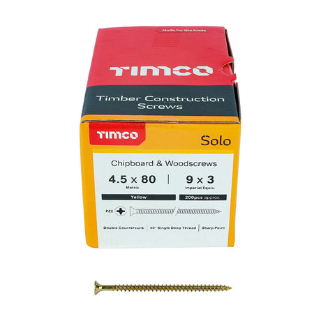 This is an image of Timco - Solo Chipboard & Woodscrews - PZ - Double Countersunk - Yellow 4.5 x 80mm - (200 PCS Box) 45080SOLOC