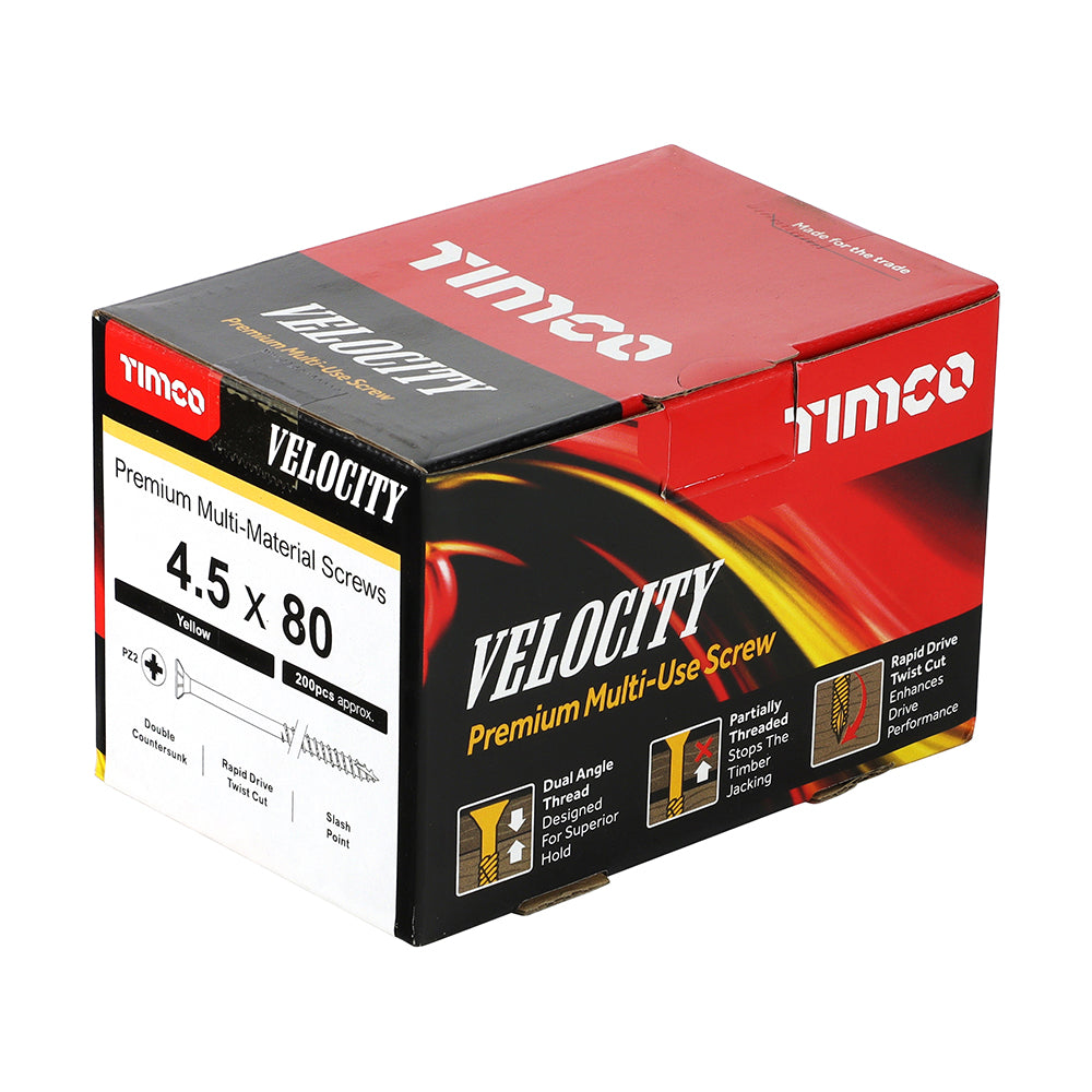 This is an image of Timco - Velocity Premium Multi-Use Screws - PZ - Double Countersunk - Yellow 4.5 x 80mm - (200 PCS Box) 45080VY