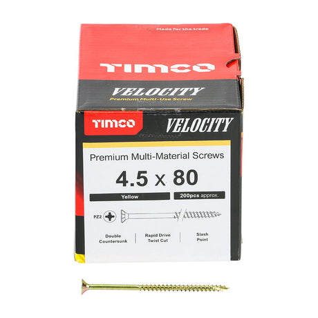 This is an image of Timco - Velocity Premium Multi-Use Screws - PZ - Double Countersunk - Yellow 4.5 x 80mm - (200 PCS Box) 45080VY