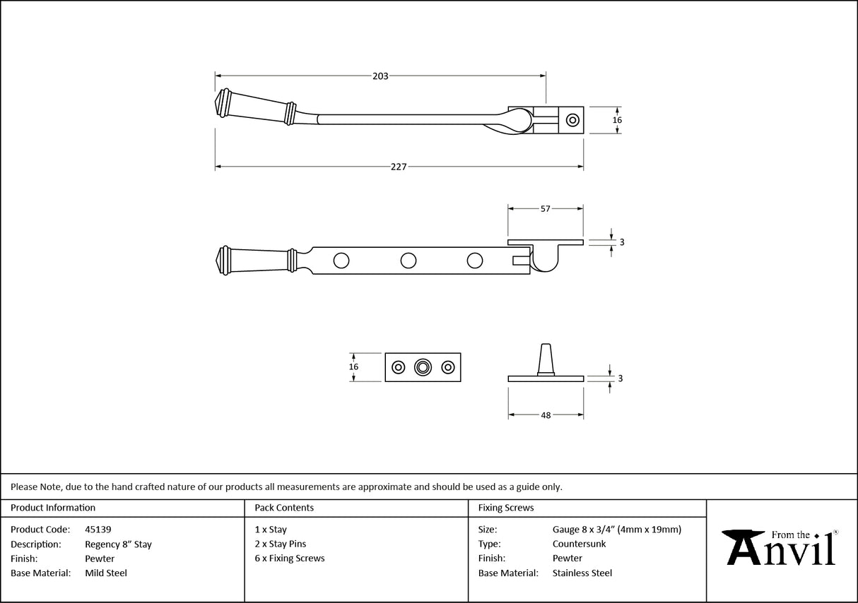 From The Anvil - Pewter 8" Regency Stay | Sku. 45139 | Trade Door Handles.