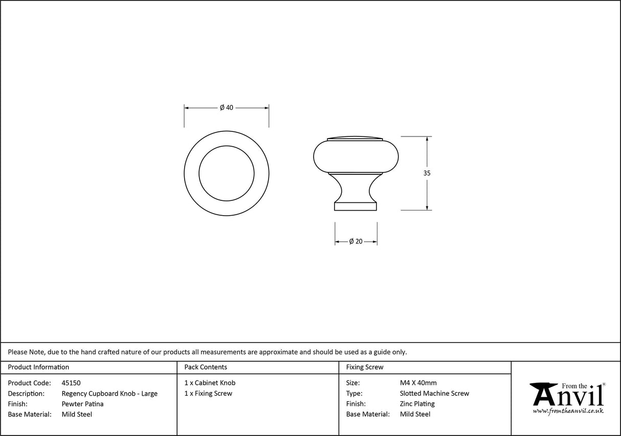 From The Anvil - Pewter Regency Cabinet Knob - Large | Sku. 45150 | Trade Door Handles.