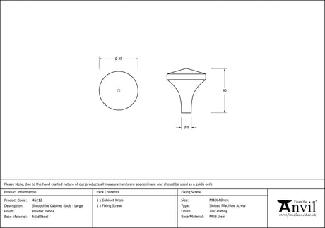 From The Anvil - Pewter Shropshire Cabinet Knob - Large | Sku. 45212 | Trade Door Handles.