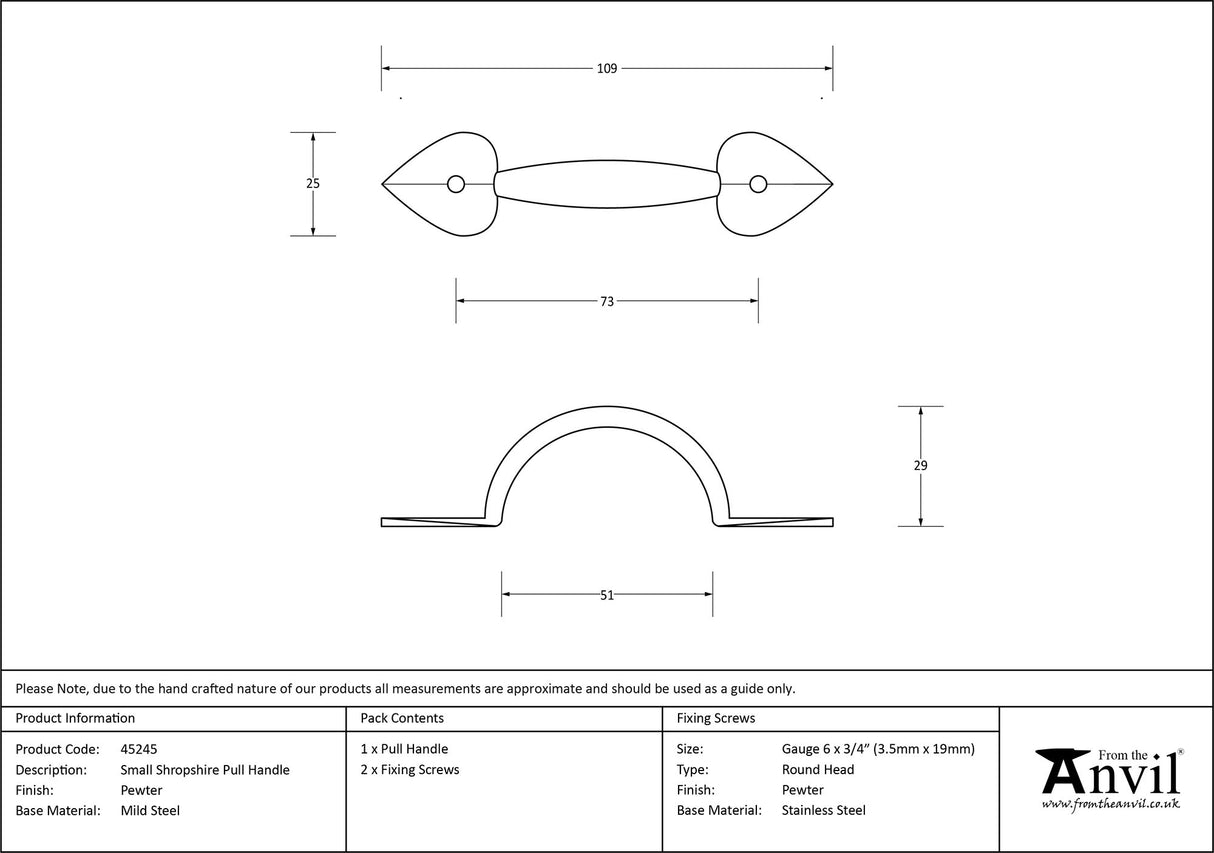 From The Anvil - Pewter Small Shropshire Pull Handle | Sku. 45245 | Trade Door Handles.