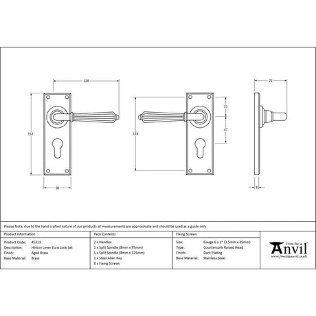 From The Anvil - Aged Brass Hinton Lever Euro Lock Set | Sku. 45313 | Trade Door Handles.