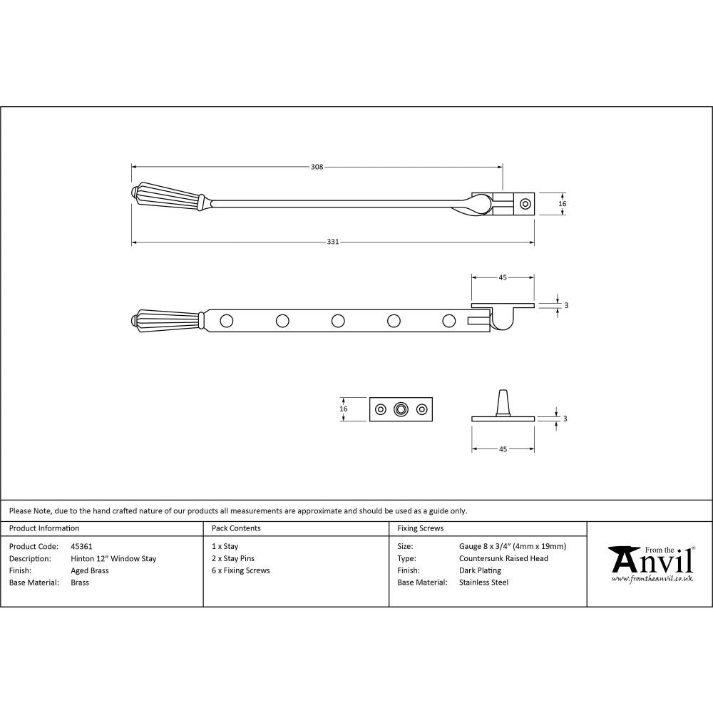 From The Anvil - Aged Brass 12" Hinton Stay | Sku. 45361 | Trade Door Handles.