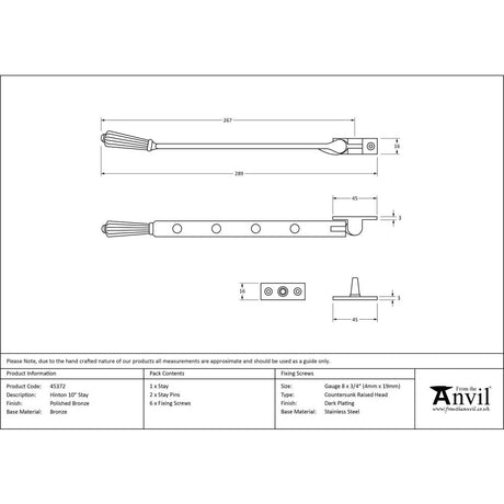 From The Anvil - Polished Bronze 10" Hinton Stay | Sku. 45372 | Trade Door Handles.